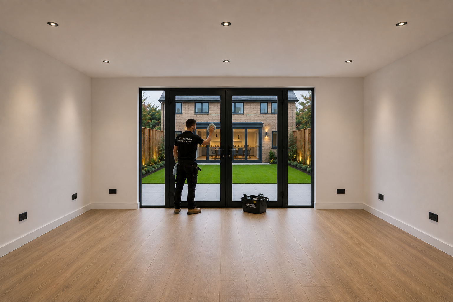 Completed empty garden room being cleaned before customer handover