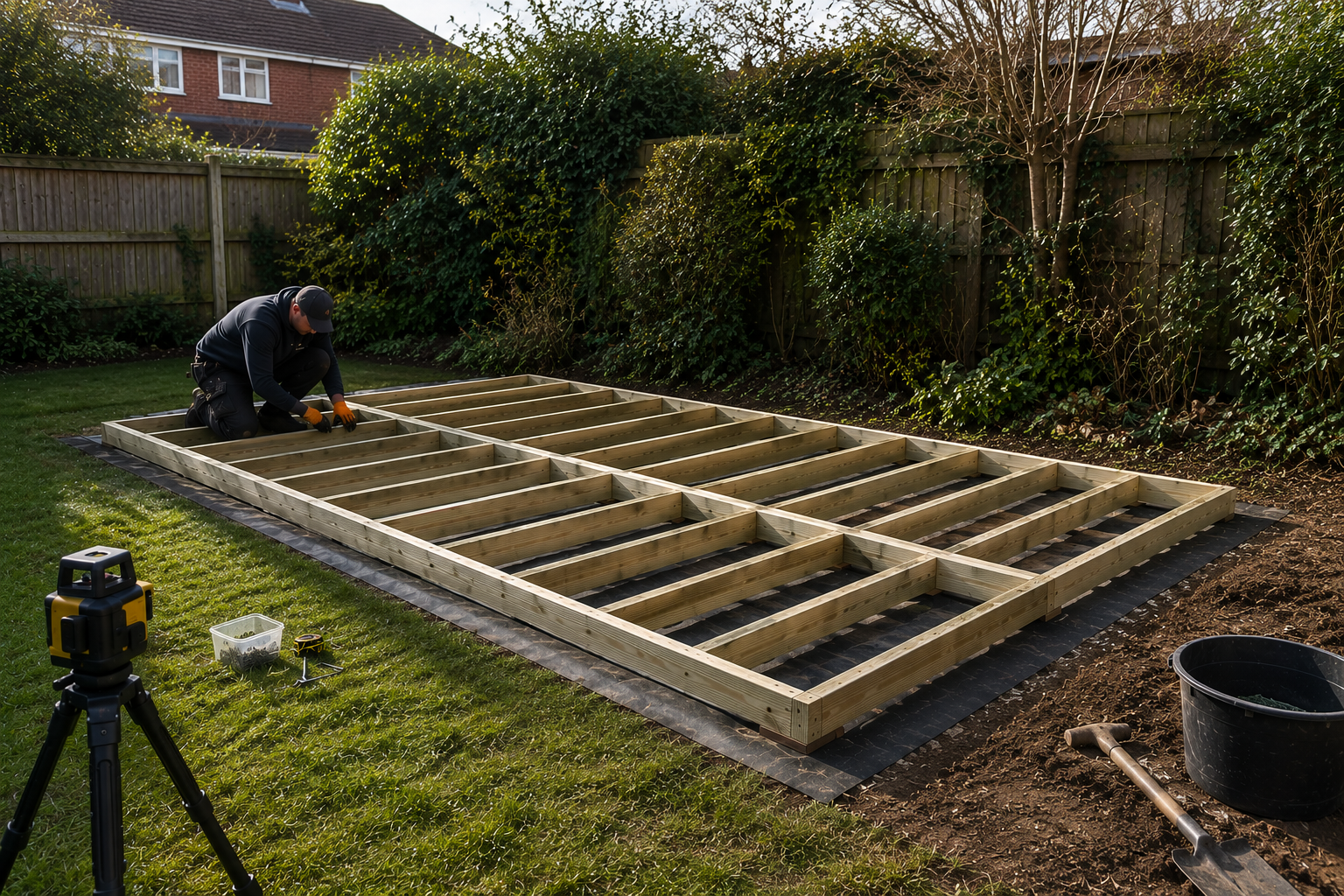 Timber floor base and groundworks being prepared for a garden room