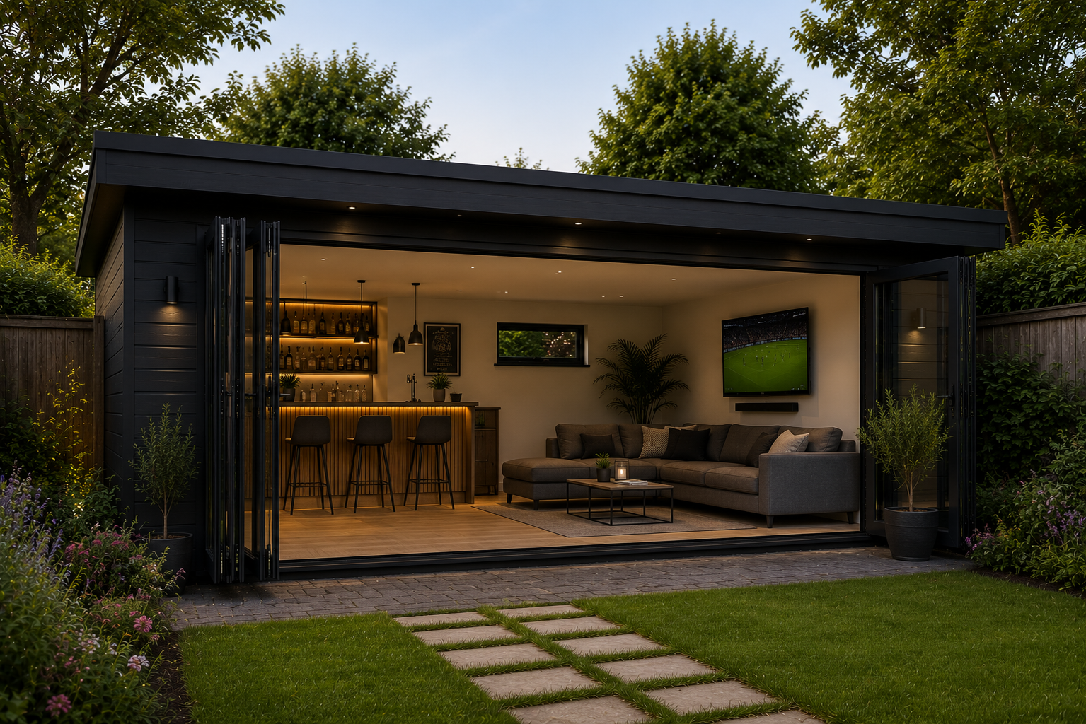 Modern garden room designed as a social and entertainment space